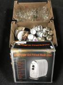 A Challenge oil filled radiator together with two boxes of china, glass, collector's plates,