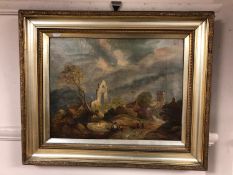 Continental school : ruins with figures in foreground, oil on canvas, framed.