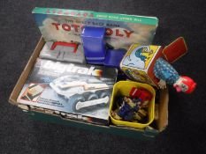 A box of tin plate Jack in the Box, die cast vehicles,