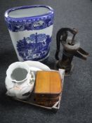 A cast iron water pump, a stick stand and a box of oriental vase,