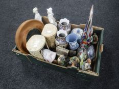 A box of Wedgwood jasper ware, Spanish figures, oriental vases, coloured glass bird ornaments,