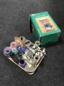 A tray of Caithness glass vases, assorted metal ware,