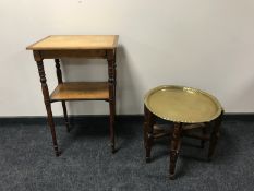 A Victorian satinwood two tier occasional table and brass topped table