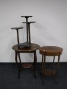 Two antique mahogany occasional tables and a three way plant stand