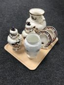 A tray of five pieces of Masons Mandalay china and a Aynsley Howard Sprays vase