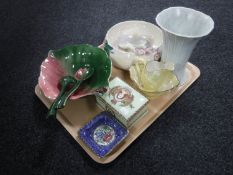 A tray of Royal Winton salad bowl with servers, Maling salad bowl and servers,