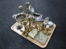A tray of plated epergne and teapot, two pairs of brass candlesticks,
