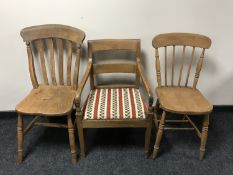 Two antique pine kitchen chairs and an armchair (3)