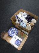 A box and tray of Staffordshire style dogs, Ringtons china, glass water jug with beakers,