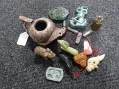 A Chinese soapstone teapot, lacking lid,