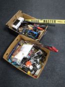 Two boxes of assorted hand tools, clamps,