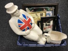 A box of John Bull advertising figure, Wade Bells Whiskey jug,
