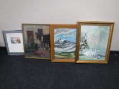 A gilt framed Vernon Ward picture of swans together with two framed oils and a chrome framed signed