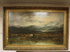 Nineteenth century school : Highland Cattle watering in marshland with mountains beyond,