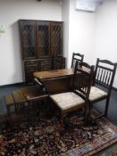 A reproduction oak leaded door display cabinet, drop leaf table,