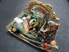 A box of brass ware, glass decanters,