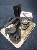 A tray containing miniature metal cannon, pair of Indian vases,