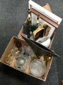 Three boxes of tea china, beer steins, teapots, glass ware, table lamps,