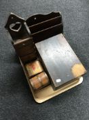 A tray of pine table box, oak letter rack, miniature five drawer chest, trinket boxes,