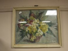 Lena Robb : Still life with flowers in a vase, oil on board, signed, framed.