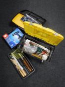 A cased Einhell 18V cordless drill together with two tool boxes of assorted chisels and hand tools