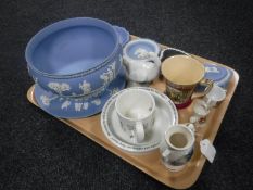 A tray of eight pieces of Wedgwood jasper ware, Wedgwood Peter Rabbit baby bowl and mug,