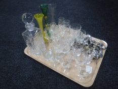 A tray of lead crystal decanter and assorted drinking glasses,
