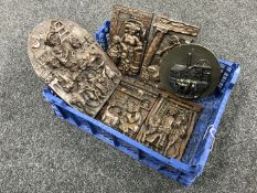 A basket of five Robert Olley miner's plaques and one other