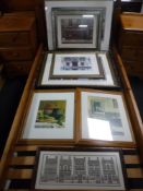 Two pine framed Marion Reeve signed prints and five other prints plus a tapestry