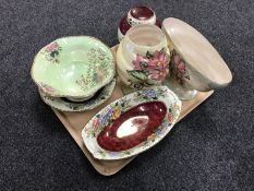 A tray of Maling peony rose bowl and ginger jar plus four other pieces of Maling