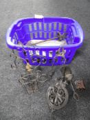 A box containing antique and later brass, metal items,