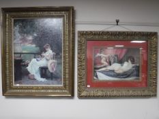 Two gilt framed prints depicting a lady seated in a garden and a nude lady with a cherub