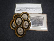 A framed Indian watercolour, box of six 19th century hand coloured engravings,