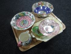 A tray of Maling Peony Rose jug and fruit bowl plus four other pieces of Maling