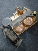 A tray of antique and later brass, copper, Spelter lady figure,