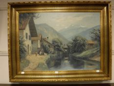 Continental school : Study of a lady by a river, oil on canvas, 69 cm x 48 cm, indistinctly signed,