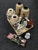 A tray of two pairs of Japanese vases, oriental figures,