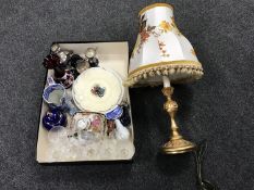 A box of gilt table lamp, plated trophies, cranberry glass vase, pillow boxes,