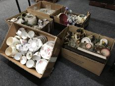 Five boxes of figures, tea china, glass ware,