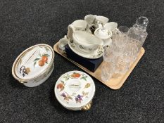 A tray of lead crystal decanters and assorted glasses,