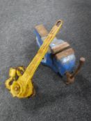 A 3/4 tonne chain hoist and a bench vice