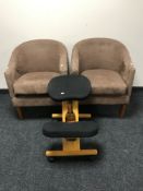 A pair of brown upholstered tub chairs and kneeler chair