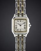 A GENTLEMAN'S SIZE STEEL & GOLD CARTIER PANTHERE BRACELET WATCH CIRCA 1990s, REF. 1100 Movement: