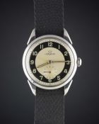 A GENTLEMAN'S STAINLESS STEEL LEMANIA WRIST WATCH CIRCA 1950, WITH TWO TONE 