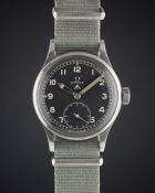 A GENTLEMAN'S STAINLESS STEEL BRITISH MILITARY OMEGA W.W.W. WRIST WATCH CIRCA 1940s, PART OF THE 
