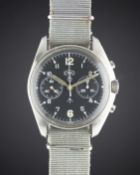 A GENTLEMAN'S STAINLESS STEEL BRITISH MILITARY CWC RAF PILOTS CHRONOGRAPH WRIST WATCH DATED 1982,