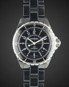 A FULL SIZE BLACK CERAMIC CHANEL J12 AUTOMATIC BRACELET WATCH DATED 2007, WITH BOX & GUARANTEE