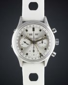A RARE GENTLEMAN'S LARGE SIZE STAINLESS STEEL WAKMANN TRIPLE CALENDAR CHRONOGRAPH WRIST WATCH
