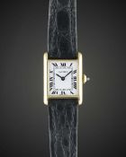 A LADIES 18K SOLID GOLD CARTIER TANK WRIST WATCH CIRCA 1980s Movement: Manual wind, signed