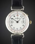 A GENTLEMAN'S SOLID SILVER EBERHARD & CO SINGLE BUTTON CHRONOGRAPH WRIST WATCH CIRCA 1930, WITH